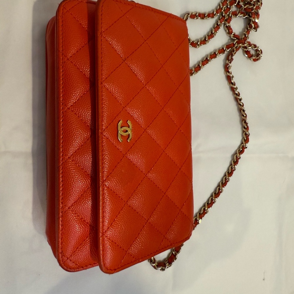 Chanel wallet on chain orange Caviar quilted leather cross bag